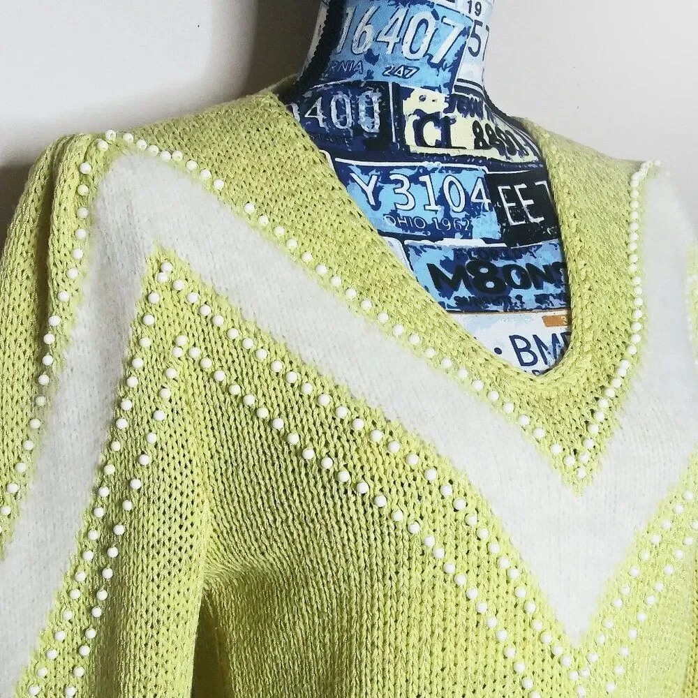 Vtg NANNELL Angora‎ V-Neck Sweater Bead Embellished Puff Sleeve Butter Yellow M